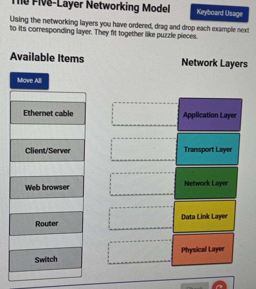 Tể Five-Layer Networking Model Keyboard Usage
Using the networking layers you have ordered, drag and drop each example next
to its corresponding layer. They fit together like puzzle pieces.
Available Items Network Layers
Move All
Ethernet cable Application Layer
Client/Server Transport Layer
Web browser
Network Layer
Data Link Layer
Router
Physical Layer
Switch