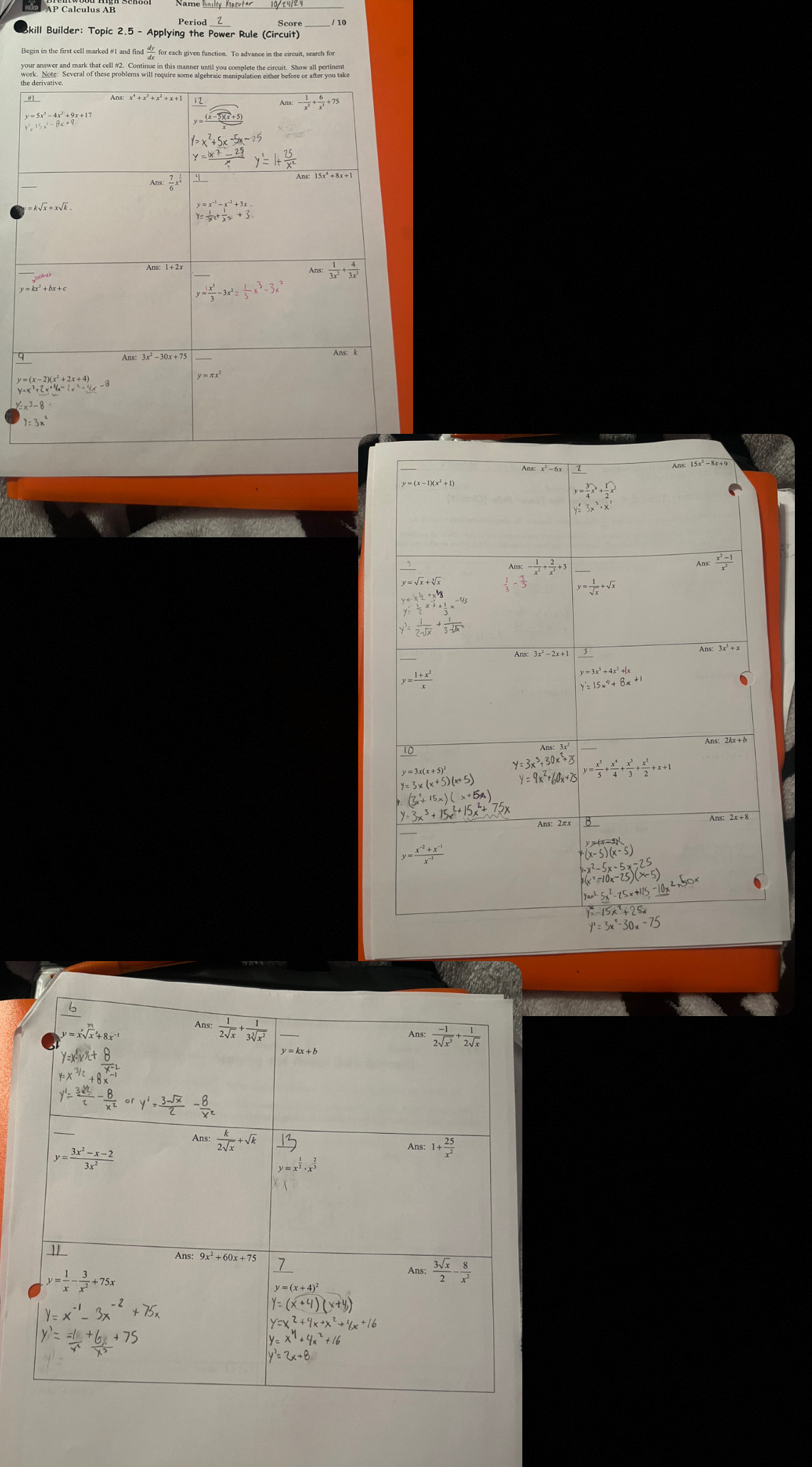 PAP Calculus AB' Schoo
Skill Builder: Topic 2.5 - Applying the Power Rule (Circuit)
Begin in the first cell marked #1 and find — for each given function. To advance in the circuit, search for