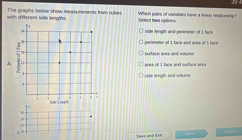 39:4
The graphs below show measurements from cubes Which pairs of variables have a linear relationship?
with different side lengths. Select two options.
side length and perimeter of 1 face
perimeter of 1 face and area of 1 face
surface area and volume
A.area of 1 face and surface area
side length and volume
y
' 40
36
32
g 28
Save and Exit Next Subil