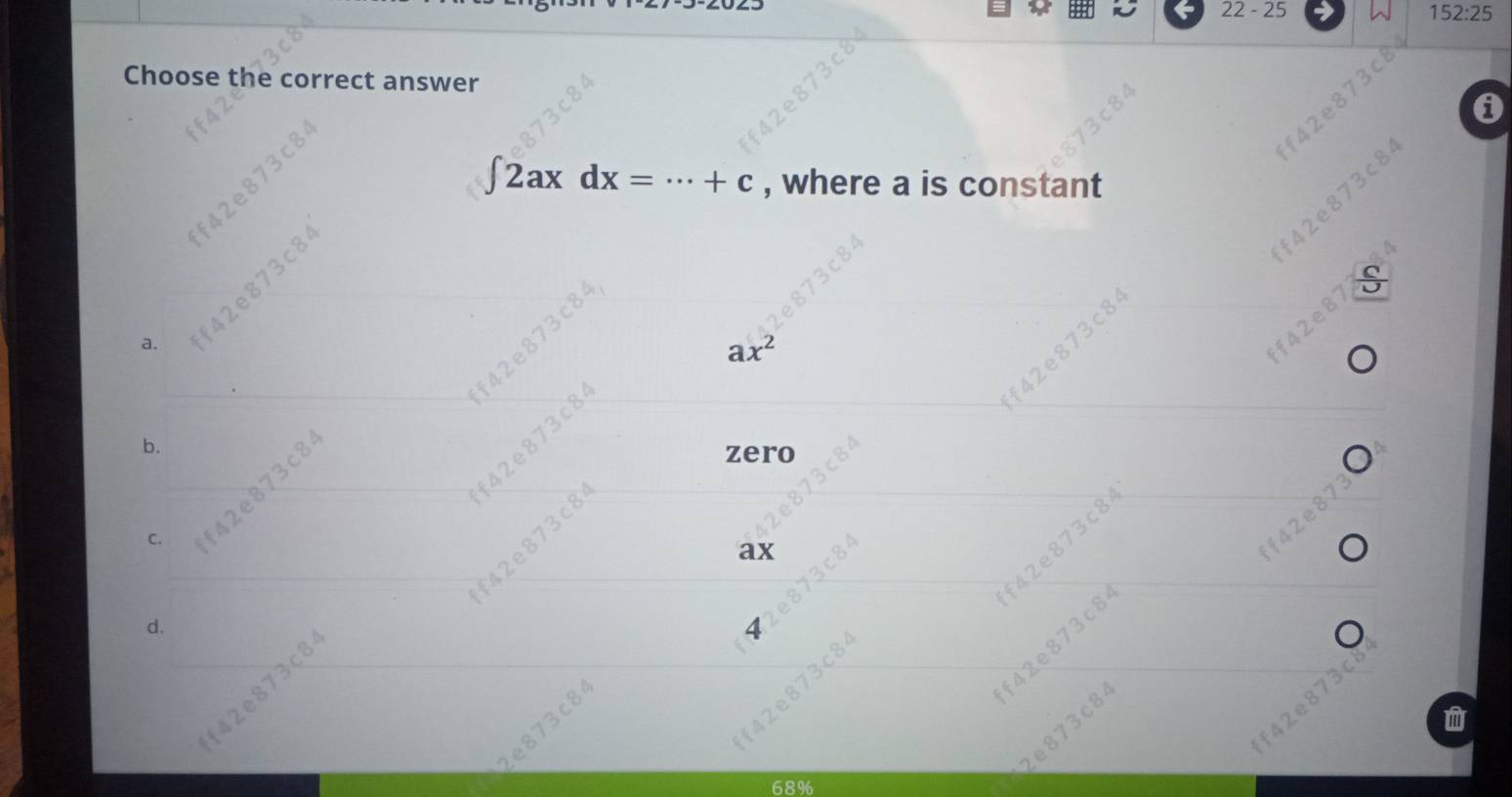 تم الحل:22-25 152:25 Choose the correct answer f42e873c ff4 ∈t 2axdx=·s ...