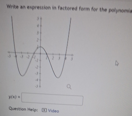 Write an expression in factored form for the polynomia
y(x)=□
Question Help: Video