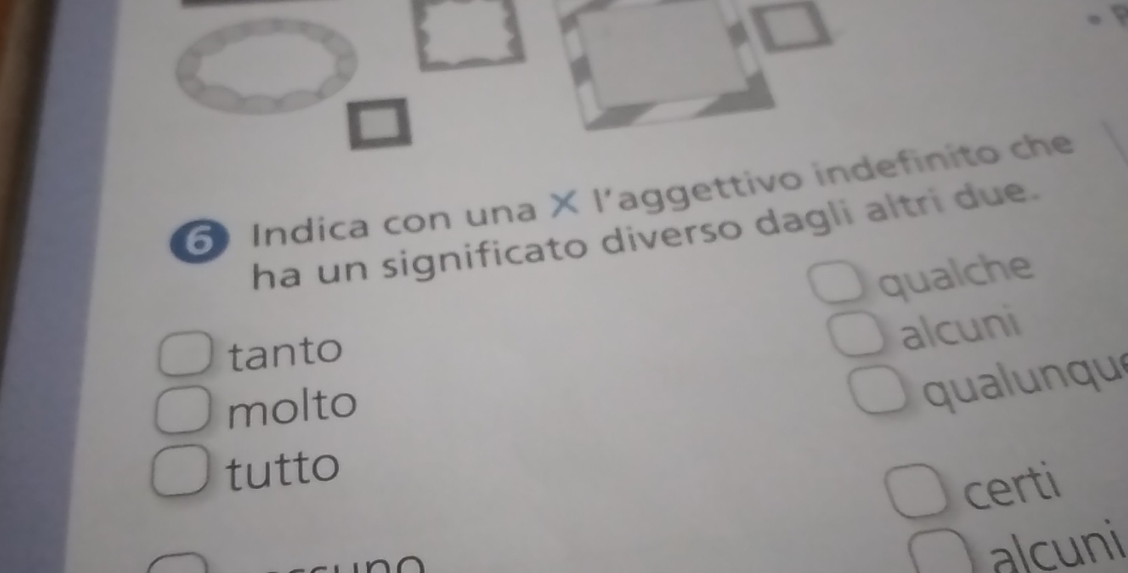 Indica con una × l'aggettivo indefinito che
ha un significato diverso dagli altri due.
qualche
tanto
alcuni
molto
qualunqu
tutto
certi
alcuni