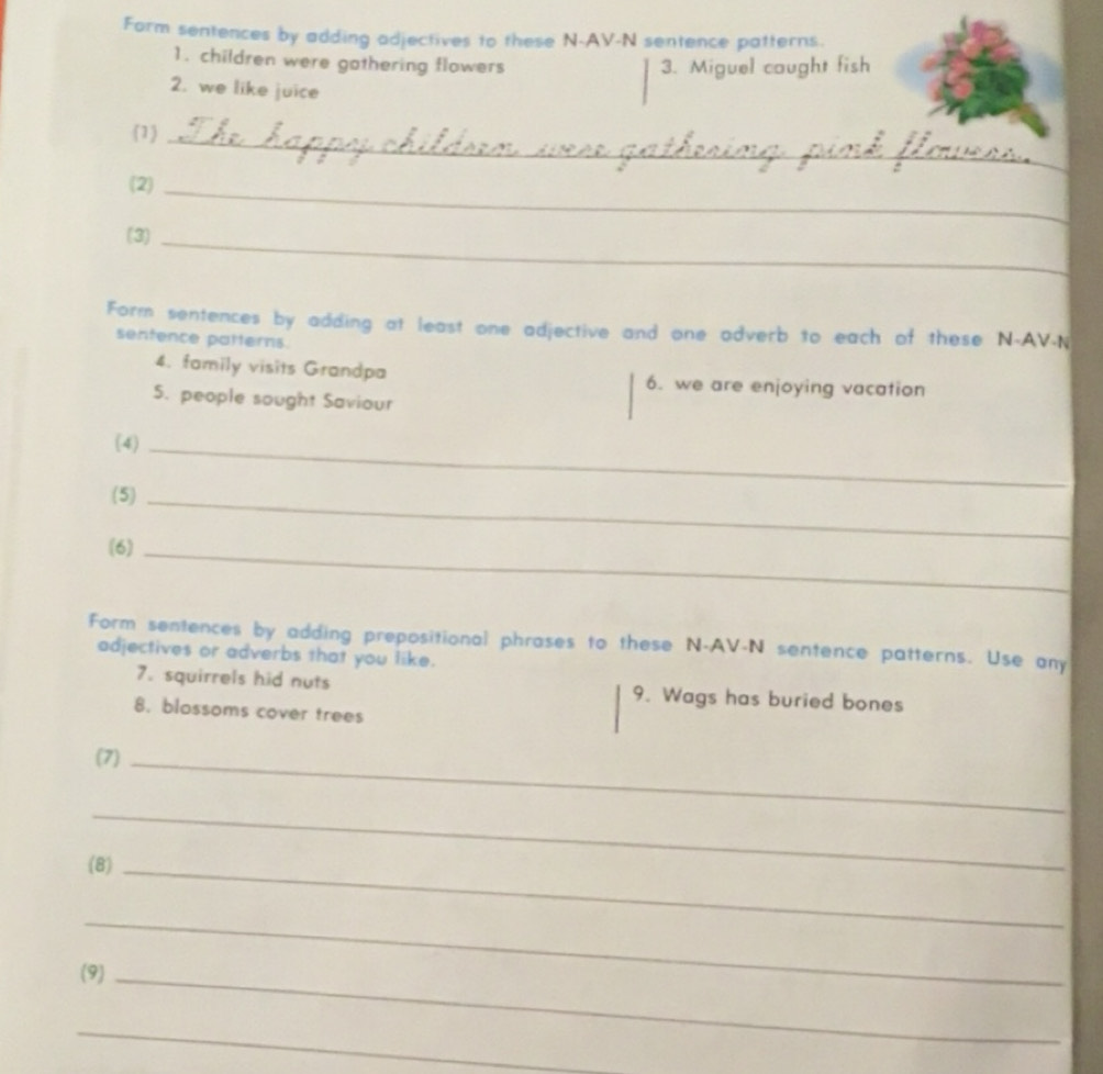 Solved: Form sentences by adding adjectives to these N-AV-N sentence ...