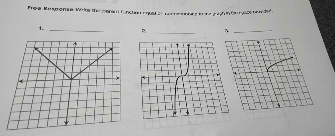 Free Response Write the parent function equation corresponding to the graph in the space provided. 
1._ 
2._ 
3._