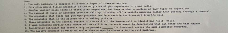 Down 
!. The cell membrane is composed of a double layer of these molecules. 
2, This chlortphyll-filled organalle is the only site of photosynthesis in plant cells. 
), Simple, smaller cells found in unicellular organisms that have neither a nucleus or many types of organelles. 
4. The removal of waste or proteins from the cell by ‘pinching off' a vesicle membrane rather than passing through a channel. 
5. The organelle that folds and packages proteins inside a vesicle for transport from the cell. 
6. The organelle that is the primary site of making proteins. calls . 
?. These molecules on the eternal surface of the cell aid the immune cell in identifying 'se 1f°
8. A semi-permeable barrier that separated the cell from its environment by determining what can enter and what cannot. 
9. Facilitated diffusion and osmosis rely on protein _for transport across the semi-permeable membrane. 
10. The passive movement of water molecules thru aquaporin channele in the cell membrane.