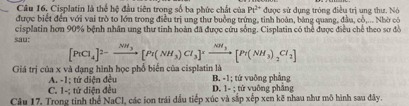 Cisplatin là thế hệ đầu tiên trong số ba phức chất ciaPt^(2+) được sử dụng tróng điều trị ung thư. Nó
được biết đến với vai trò to lớn trong điều trị ung thư buồng trứng, tinh hoàn, bàng quang, đầu, cộ,... Nhờ có
cisplatin hơn 90% bệnh nhân ung thư tinh hoàn đã được cứu sống. Cisplatin có thể được điều chế theo sơ đồ
sau:
[PtClCl_4]^2-xrightarrow NH_3[Pt(NH_3)Cl_3]^xxrightarrow NH_3[Pt(NH_3)_2Cl_2]
Giá trị của x và dạng hình học phổ biến của cisplatin là
A. -1; tứ diện đều B. -1; tứ vuộng phẳng
C. 1 -; tứ diện đều D. 1 - ; tứ vuông phắng
Câu 17. Trong tinh thể NaCl, các ion trái đấu tiếp xúc và sắp xếp xen kẽ nhau như mô hình sau đây.