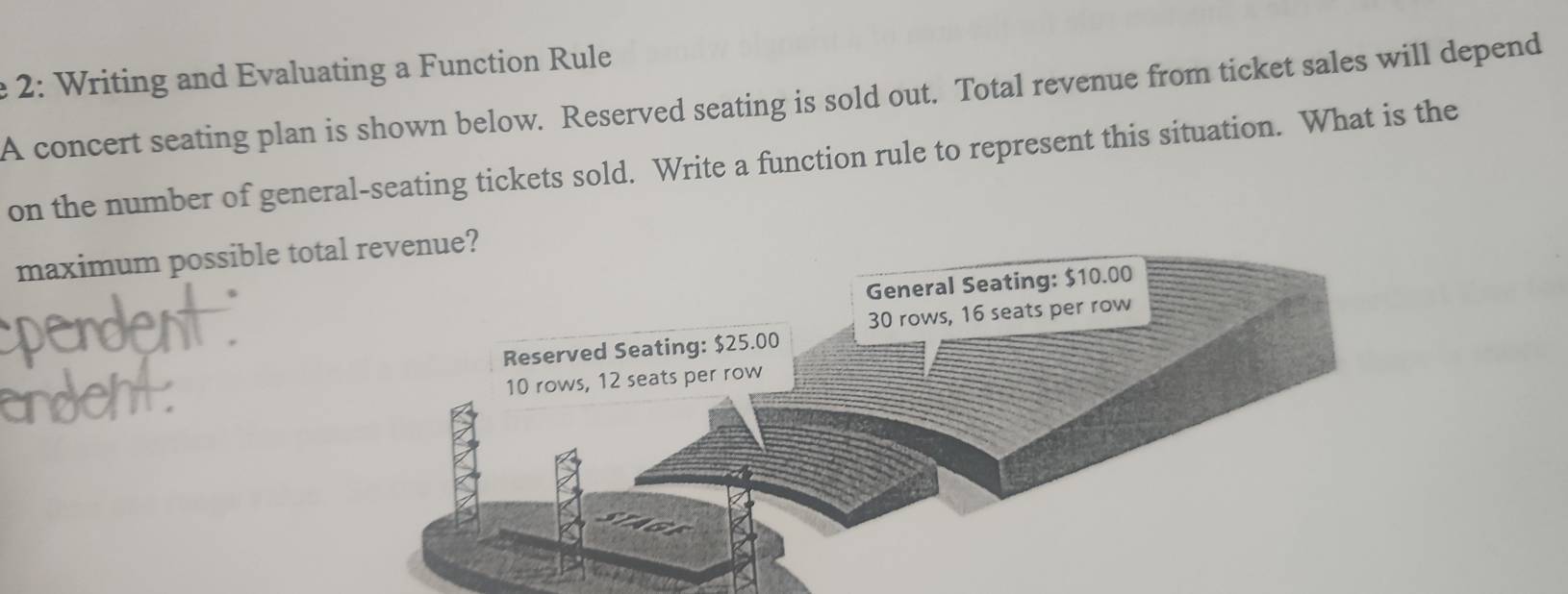 2: Writing and Evaluating a Function Rule 
A concert seating plan is shown below. Reserved seating is sold out. Total revenue from ticket sales will depend 
on the number of general-seating tickets sold. Write a function rule to represent this situation. What is the 
maximum possible tot