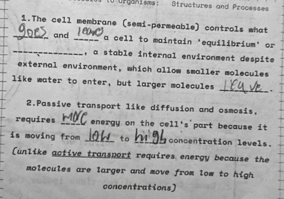 lt Urganisms: Structures and Processes 
1.The cell membrane (semi-permeable) controls what 
_ 
_and _a cell to maintain ‘equilibrium’ or 
, a stable internal environment despite 
external environment, which allow smaller molecules 
_ 
like water to enter, but larger molecules 
. 
2.Passive transport like diffusion and osmosis, 
requires _energy on the cell's part because it 
to 
is moving from __concentration levels. 
(unlike active transport requires energy because the 
molecules are larger and move from low to high 
concentrations)