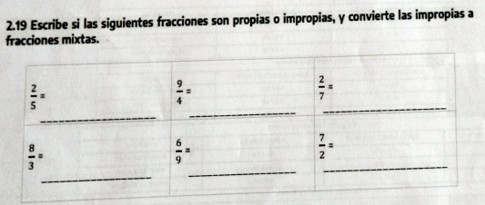 2.19 Escribe si las siguientes fracciones son propias o impropias, y convierte las impropias a
fracciones mixtas.