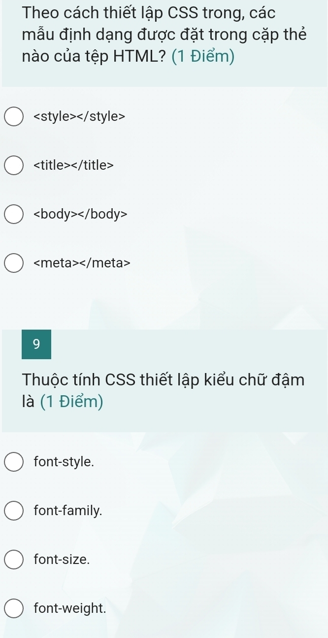 Theo cách thiết lập CSS trong, các
mẫu định dạng được đặt trong cặp thẻ
nào của tệp HTML? (1 Điểm)
csc tv le>

9
Thuộc tính CSS thiết lập kiểu chữ đậm
là (1 Điểm)
font-style.
font-family.
font-size.
font-weight.