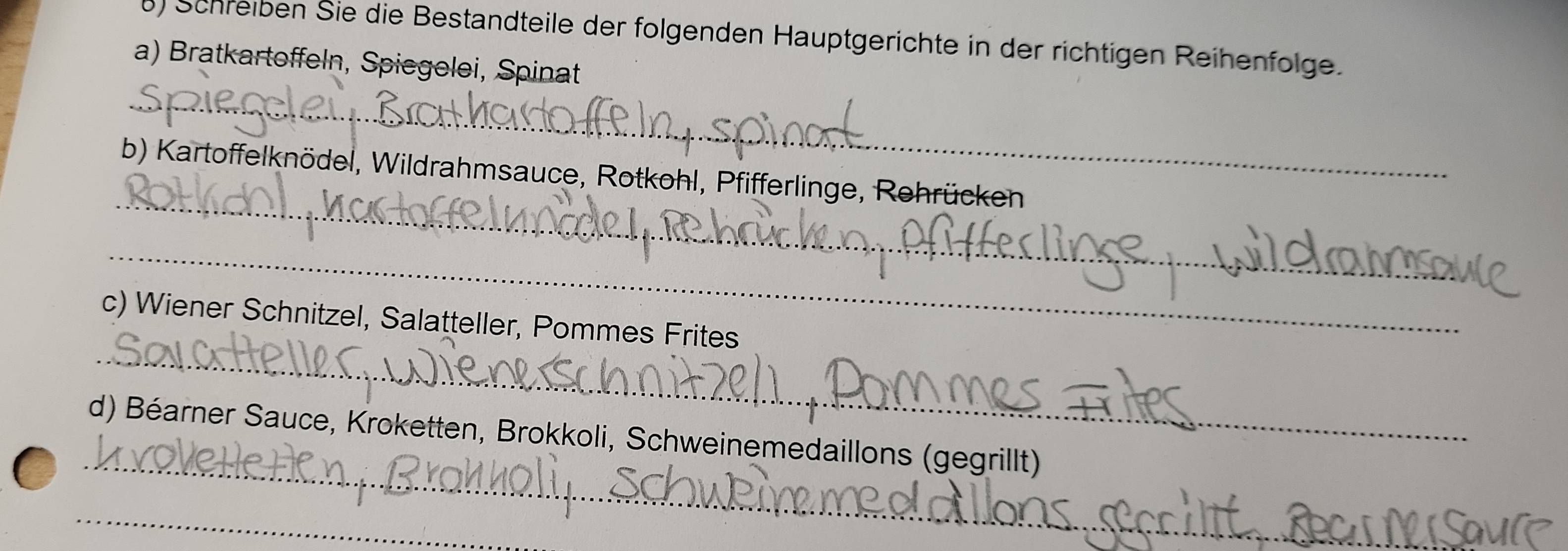 Schreiben Sie die Bestandteile der folgenden Hauptgerichte in der richtigen Reihenfolge. 
a) Bratkartoffeln, Spiegelei, Spinat 
_ 
_ 
b) Kartoffelknödel, Wildrahmsauce, Rotkohl, Pfifferlinge, Rehrücken 
_ 
_ 
c) Wiener Schnitzel, Salatteller, Pommes Frites 
_ 
d) Béarner Sauce, Kroketten, Brokkoli, Schweinemedaillons (gegrillt) 
_