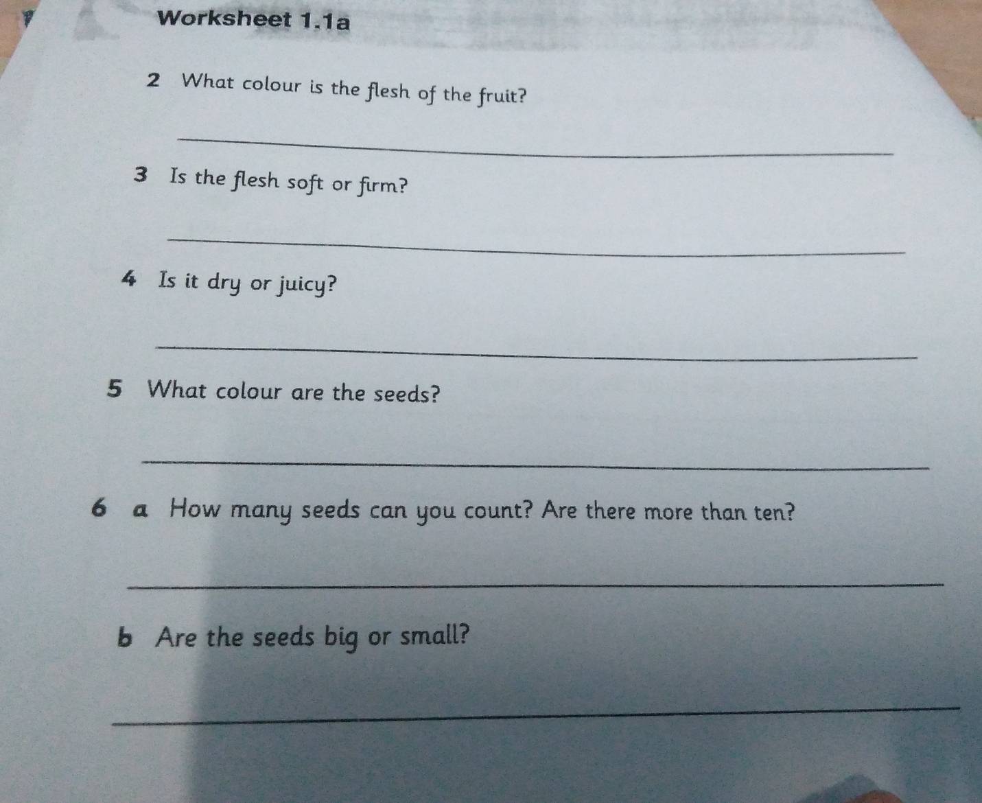 Worksheet 1.1a 
2 What colour is the flesh of the fruit? 
_ 
3 Is the flesh soft or firm? 
_ 
4 Is it dry or juicy? 
_ 
5 What colour are the seeds? 
_ 
6 a How many seeds can you count? Are there more than ten? 
_ 
b Are the seeds big or small? 
_