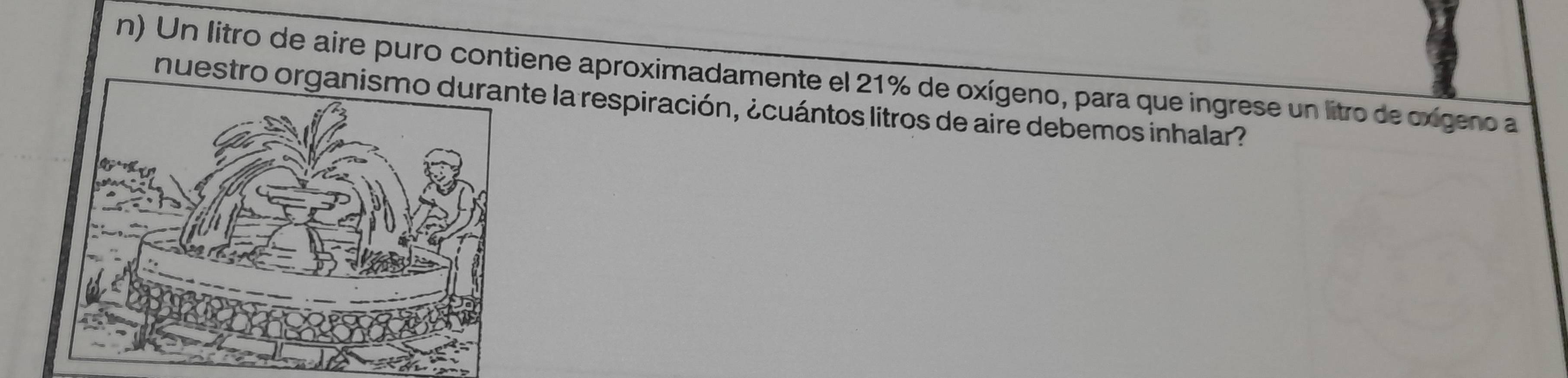 Un litro de aire puro contiene aproximadamente el 21% de oxígeno, para que ingrese un litro de oxígeno a 
nuestro ote la respiración, ¿cuántos litros de aire debemos inhalar?