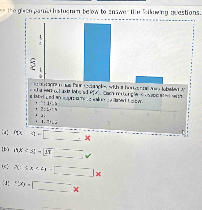 se the given partial histogram below to answer the following questions.
(a) P(X=3)=□ *
(b) P(X<3)= 3/8
(c) P(1≤ X≤ 4)=□ *
(d) E(X)=□ *