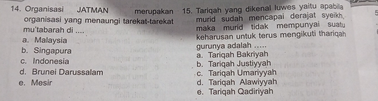 Organisasi JATMAN merupakan · 15. Tariqah yang dikenal luwes yaitu apabila
organisasi yang menaungi tarekat-tarekat murid sudah mencapai derajat syeikh,
5
mu’tabarah di .... maka murid tidak mempunyai suatu
a. Malaysia keharusan untuk terus mengikuti thariqah
b. Singapura
gurunya adalah ._
c. Indonesia a. Tariqah Bakriyah
b. Tariqah Justiyyah
d. Brunei Darussalam c. Tariqah Umariyyah
e. Mesir d. Tariqah Alawiyyah
e. Tariqah Qadiriyah