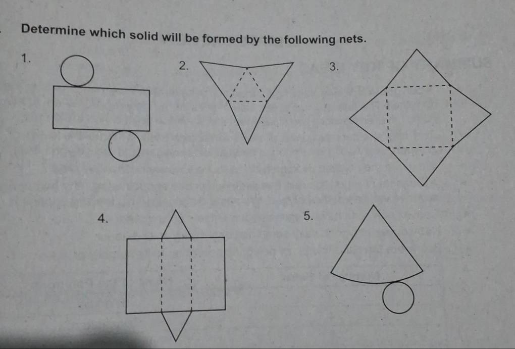 Determine which solid will be formed by the following nets. 
1. 
2. 
3. 
4. 
5.