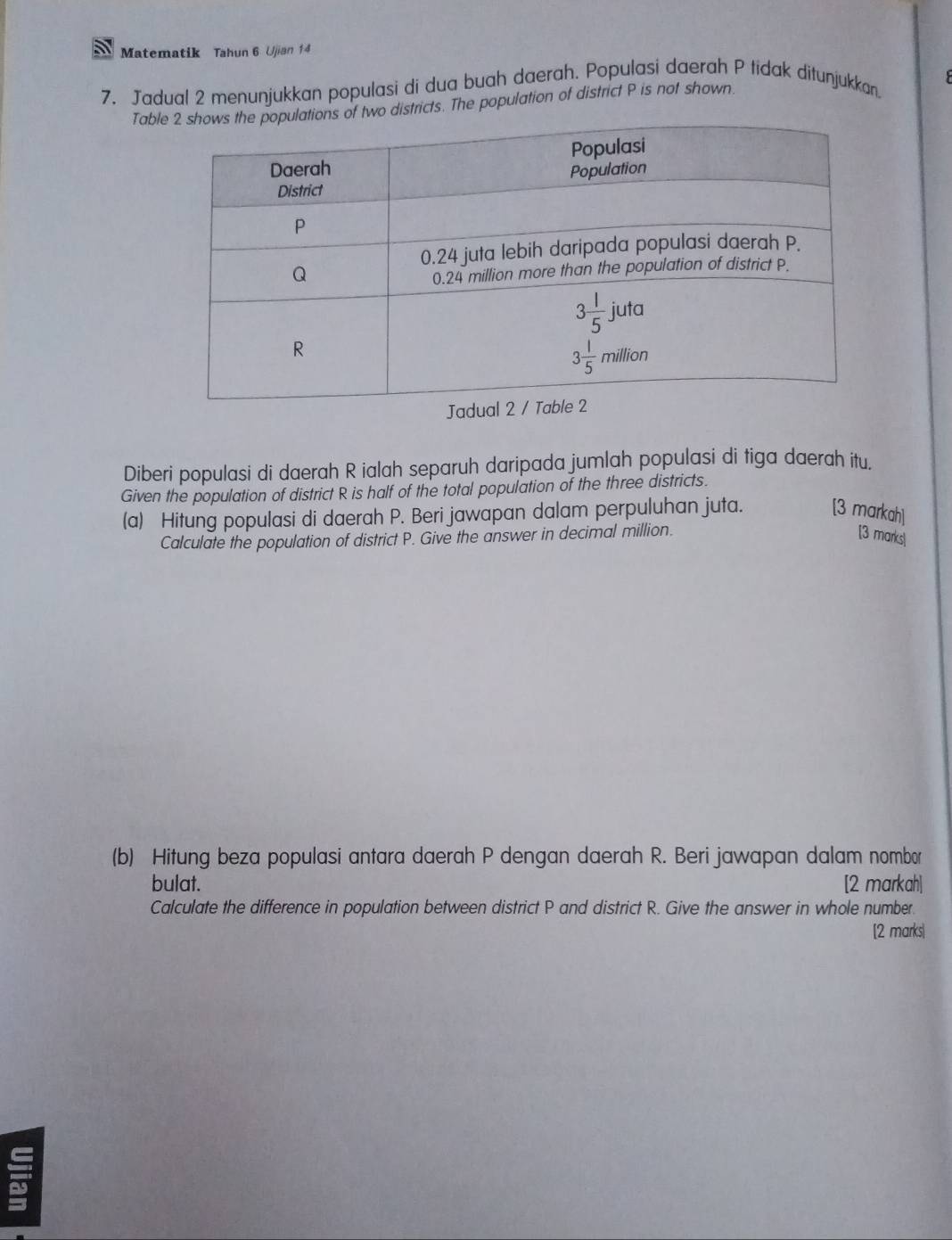 Matematik Tahun 6 Ujian 14
7. Jadual 2 menunjukkan populasi di dua buah daerah. Populasi daerah P tidak ditunjukkan,
Tab two districts. The population of district P is not shown.
Diberi populasi di daerah R ialah separuh daripada jumlah populasi di tiga daerah itu.
Given the population of district R is half of the total population of the three districts.
(a) Hitung populasi di daerah P. Beri jawapan dalam perpuluhan juta. [3 markah]
Calculate the population of district P. Give the answer in decimal million. [3 marks
(b) Hitung beza populasi antara daerah P dengan daerah R. Beri jawapan dalam nombor
bulat. [2 markah]
Calculate the difference in population between district P and district R. Give the answer in whole number.
[2 marks)