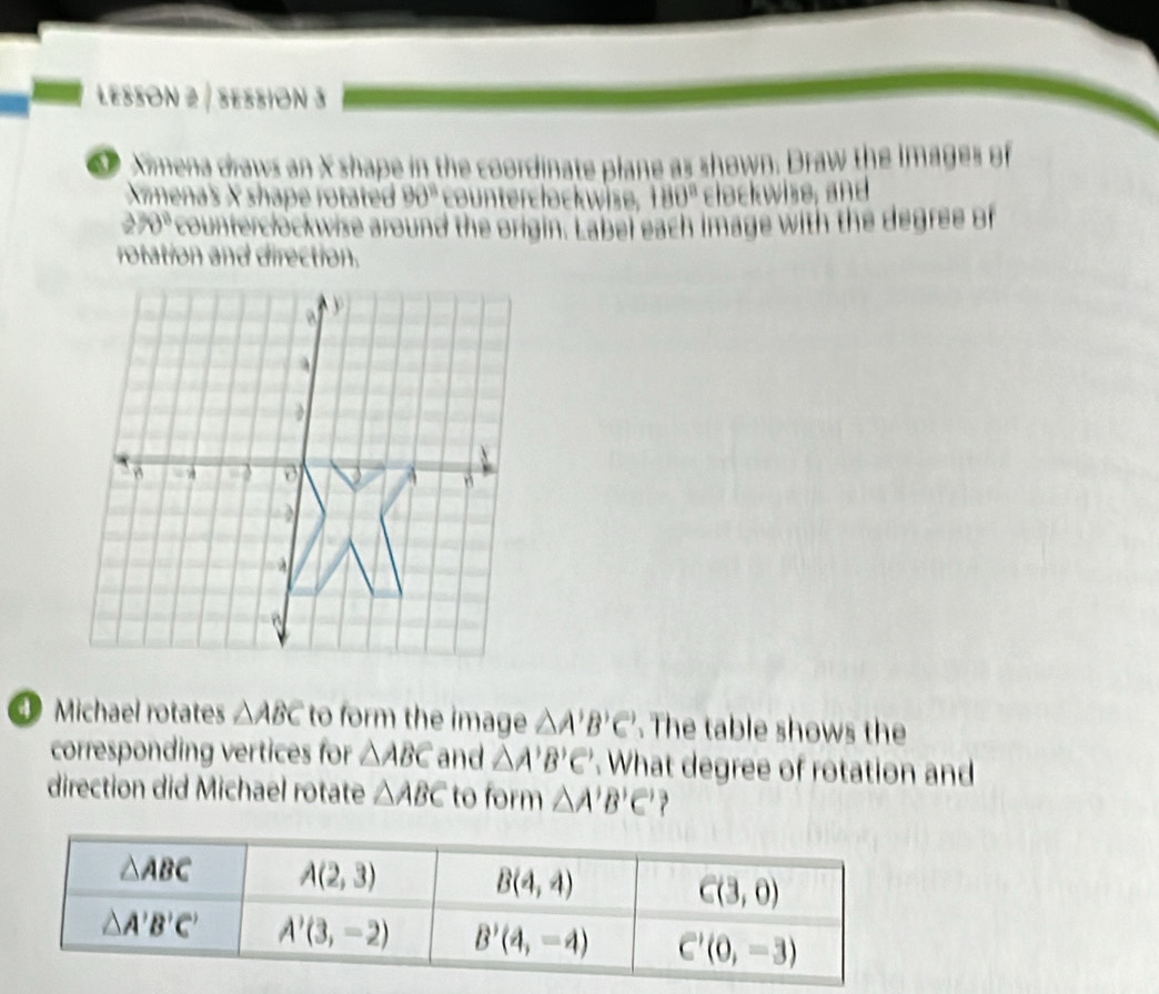 lesson 2 / session 3
Ximena draws an X shape in the coordinate plane as shown. Draw the images of
Xmena's X shape rotated 90° counter cłockwise, 180° clockwise, and
270° counferclockwise around the origin. Label each image with the degree of
rotation and direction.
Michael rotates △ ABC to form the image △ A'B'C'. The table shows the
corresponding vertices for △ ABC and △ A'B'C'. What degree of rotation and
direction did Michael rotate △ ABC to form △ A'B'C'