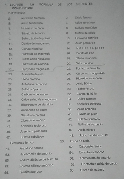 ESCRIBIR LA FÓRMULA DE LOS SIGUIENTES
COMPUESTOS:
EJERCICIOS
 Anhidrido bromoso 2. Oxido ferroso
③ Acido fluorhídrico 4. Acido arsenioso
5 Hidróxido de bario 6. Sulfuro mercúrico
7. Silicato de Amonio 8 . Sulfato de cálcio
9 Sulfuro ácido de potasio 10. Hidróxido platínico
11.  Dióxido de manganeso 12. Acido perclórico
13. Cloruro niquelico 14 . Nitrito de plata
15.  Hidróxido de magnesio 16. Borato de zinc
17. Sulfito ácido niqueloso 18. Nitrato estánnico
19. Hidróxido de aluminio 20. Oxido cúprico
21.  Hipoyodito magnésico 22. Fosfato de bismuto
23. Arseniato de cinc 24. Carbonato manganoso
25. Oxido crómico 26. Hidróxido estannoso
27. Anhídrido carbónico 28. Acido Bórico
29. Sulfato cúprico 30. Fosfito ferroso
31. Carbonato de amonio 32 Clorato de bário
33. Oxido salino de manganeso 34. Oxido cuproso
35. Bicarbonato de alumínio 36. Anhídrido sulfuroso
37. Antimonito de sodio 38. Acido arsénico
39. Silicato de potasio 40. Sulfato de plata
41.  Cloruro de amônio 42. Sulfato niqueloso
43. Anhidrido fosforoso 44. Sulfito de estroncio
45. Arseniato plumboso 46. Acido nitroso
47 . Sulfato cobaltoso 48. Ácido telurhídrico 49.
Perclorato férrico 50. Oxido de bario
51. Anhídrido nitroso 52. Carbonato férrico
53. Hipobromito de amonio 54. Bromito estannoso
55.  Yoduro dibásico de bismuto 56. Antimoniato de amonio
57. Fosfato cálcico amónico 58. Ortofosfato ácido de calcio
59. Telurito cuproso 60. Clorito de cadmio