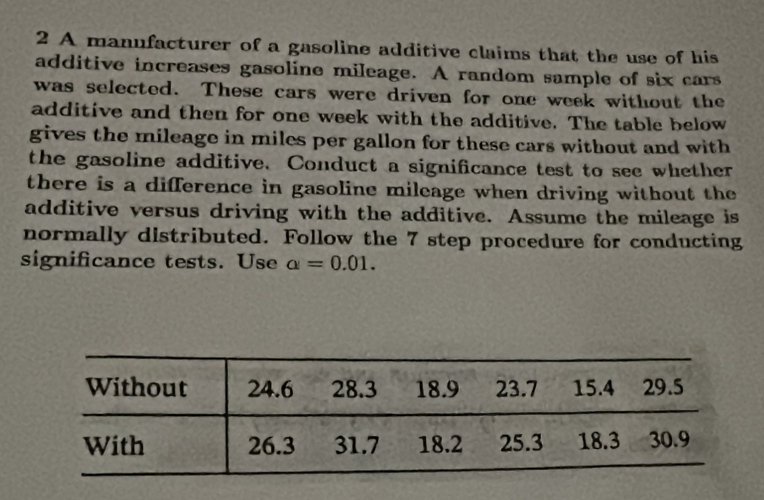 Solved: A manufacturer of a gasoline additive claims that the use of ...
