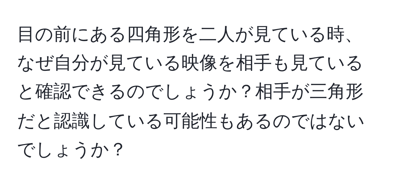 目の前にある四角形を二人が見ている時、なぜ自分が見ている映像を相手も見ていると確認できるのでしょうか？相手が三角形だと認識している可能性もあるのではないでしょうか？