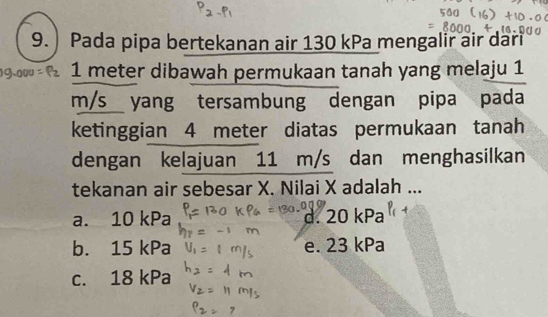 Pada pipa bertekanan air 130 kPa mengalir air dari
1 meter dibawah permukaan tanah yang melaju 1
m/s yang tersambung dengan pipa pada
ketinggian 4 meter diatas permukaan tanah
dengan kelajuan 11 m/s dan menghasilkan
tekanan air sebesar X. Nilai X adalah ...
a. 10 kPa d. 20 kPa
b. 15 kPa e. 23 kPa
c. 18 kPa