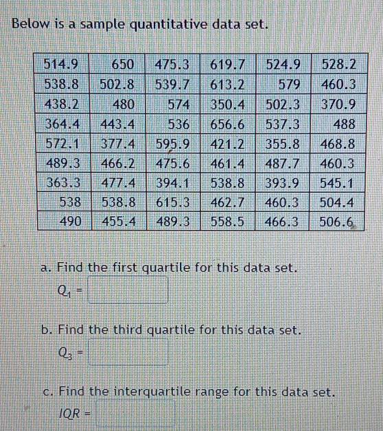 Below is a sample quantitative data set. 
a. Find the first quartile for this data set.
|1+1+|+|1|+(1+1)+·s +·s +111
Q_1=□
b. Find the third quartile for this data set.
Q_3=
c. Find the interquartile range for this data set.
IQR= 1:5 x_