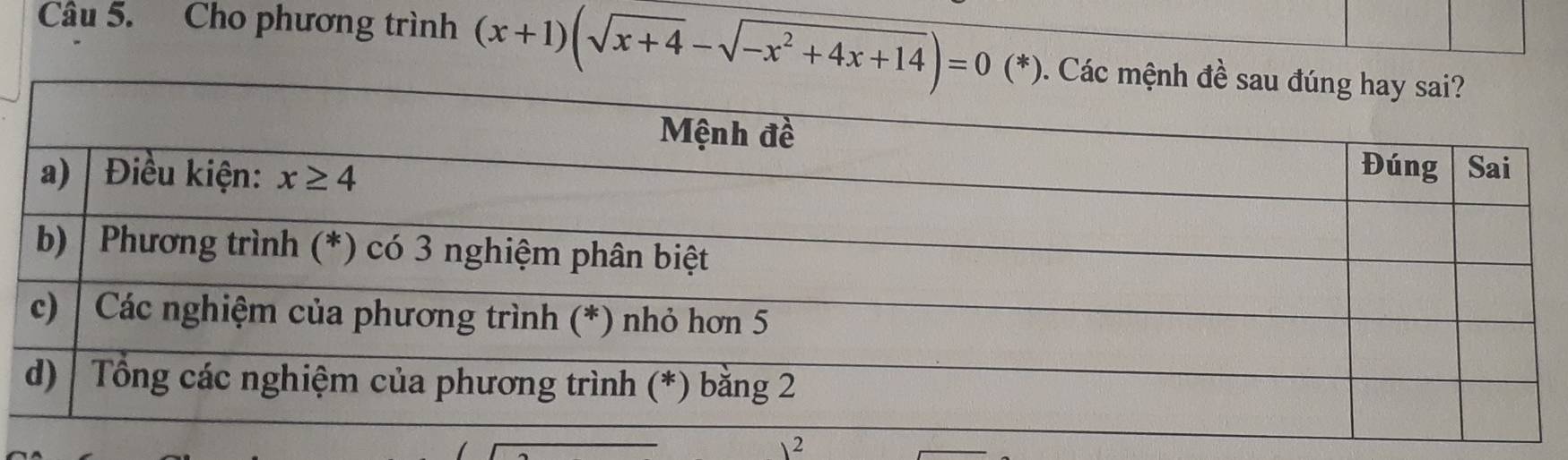 Cho phương trình (x+1)(sqrt(x+4)-sqrt(-x^2+4x+14))=0 (*). 
 2