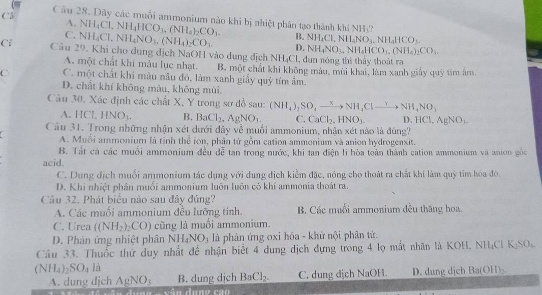 Ci Câu 28. Dãy các muối ammonium nào khi bị nhiệt phân tạo thành khí NH_3
A. NH_4Cl,NH_4HCO_3,(NH_4)_2CO_3.
C. NH_4Cl,NH_4NO_3,(NH_4)_2CO_3.
B. NH_4Cl,NH_4NO_3,NH_4HCO_3.
D. NH_4NO_3,NH_4HCO_3,(NH_4)_2CO_3.
Cí Cầâu 29. Khi cho dung dịch NaOH vào dung dịch NH_4Cl, , dun nóng thì thầy thoát ra
A. một chất khí màu lục nhạt. B. một chất khí không màu, mùi khai, làm xanh giấy quỳ tim âm
C C. một chất khí màu nâu đỏ, làm xanh giấy quỳ tím ẩm.
D. chất khí không màu, không mùi.
Câu 30. Xác định các chất X, Y trong sơ đồ sau: (NH_4)_2SO_4xrightarrow xNH_4Clto NH_4NO_3
A. HCl.HNO_3. B. BaCl_2,AgNO_3. C. CaCl_2,HNO_3. D.HCl,AgNO_3.
Câu 31. Trong những nhận xét dưới đây về muối ammonium, nhận xét nào là đúng?
a
A. Muổi ammonium là tinh thể ion, phân tử gồm cation ammonium và anion hydrogenxit.
B. Tất cá các muối ammonium đều dễ tan trong nước, khi tan điện li hòa toàn thành cation ammonium và anion gốc
acid.
C. Dung dịch muối ammonium tác dụng với dung dịch kiểm đặc, nóng cho thoát ra chất khí làm quỳ tím hóa đỏ.
D. Khi nhiệt phân muổi ammonium luôn luôn có khí ammonia thoát ra.
Câu 32. Phát biểu nào sau đây đúng?
A. Các muối ammonium đều lưỡng tính. B. Các muối ammonium đều thăng hoa.
C. Urea ((NH_2)_2CO) cũng là muối ammonium.
D. Phản ứng nhiệt phân NH_4NO_3 là phản ứng oxi hóa - khử nội phân tử.
Câu 33. Thuốc thử duy nhất để nhận biết 4 dung dịch dựng trong 4 lọ mất nhãn là KOH, N H_4Cl K_2SO_4.
(NH_4)_2SO_4 là
A. dung dịch AgNO_3 B. dung dịch BaCl_2. C. dung dịch NaOH D. dung dịch Ba(OH)₂.
vâ n dung cao