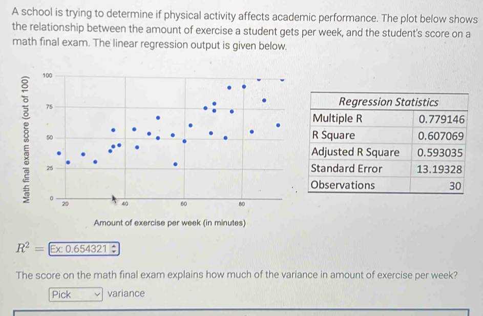 A school is trying to determine if physical activity affects academic performance. The plot below shows 
the relationship between the amount of exercise a student gets per week, and the student's score on a 
math final exam. The linear regression output is given below. 

Amount of exercise per week (in minutes)
R^2=Ex:0.654321
The score on the math final exam explains how much of the variance in amount of exercise per week? 
Pick variance