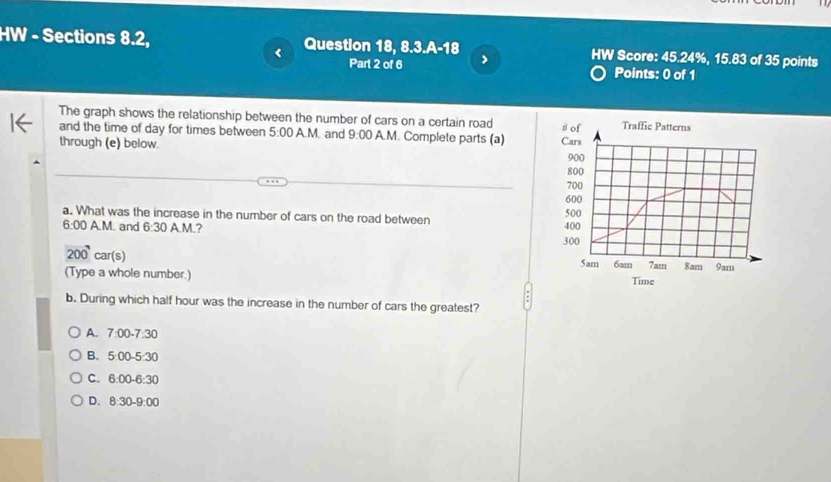 HW - Sections 8.2, Question 18, 8.3.A-18 HW Score: 45.24%, 15.83 of 35 points
Part 2 of 6 Points: 0 of 1
The graph shows the relationship between the number of cars on a certain road
and the time of day for times between 5:00 a N and 9:00 A.M. Complete parts (a) # of Traffic Patterns
through (e) below Cars 900
800
700
600
a. What was the increase in the number of cars on the road between 400 500
6:00 A.M. and 6:30 A.M.?
300
200° car(s)
5am
(Type a whole number.) 6am 7am Sam 9am
Time
b. During which half hour was the increase in the number of cars the greatest?
A. 7:00-7:30
B. 5:00-5:30
C. 6:00-6:30
D. 8:30-9:00