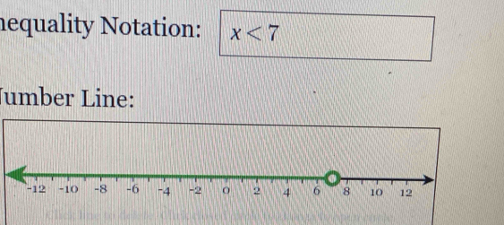 nequality Notation: x<7</tex> 
Jumber Line: