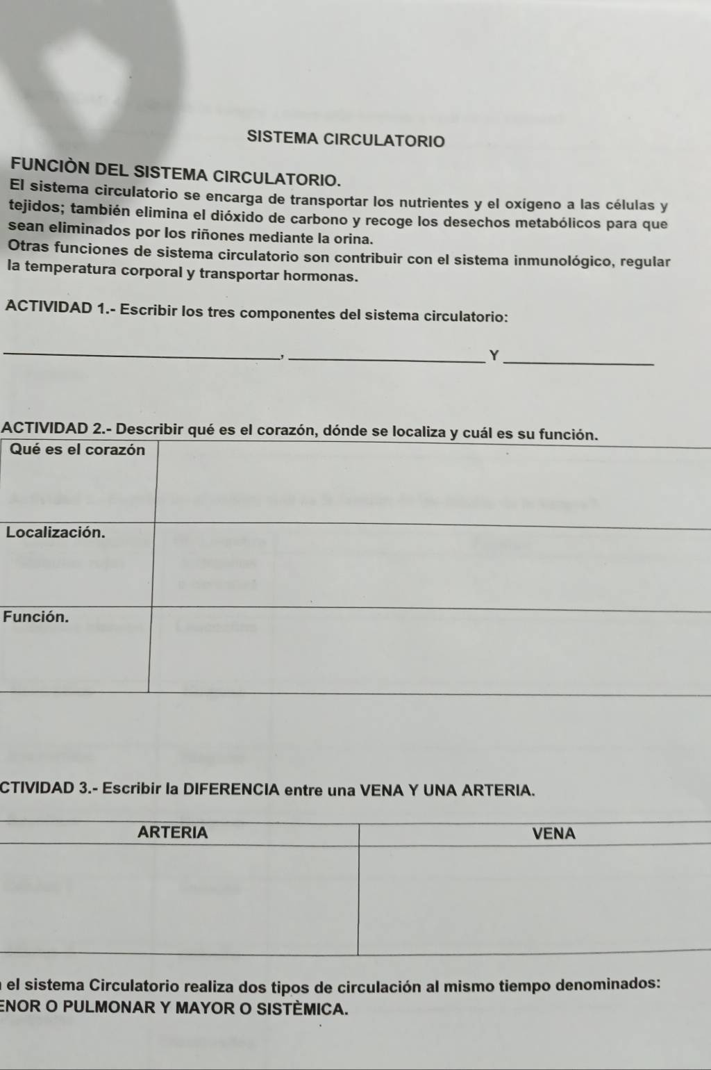 SISTEMA CIRCULATORIO 
FUNCIÒN DEL SISTEMA CIRCULATORIO. 
El sistema circulatorio se encarga de transportar los nutrientes y el oxígeno a las células y 
tejidos; también elimina el dióxido de carbono y recoge los desechos metabólicos para que 
sean eliminados por los riñones mediante la orina. 
Otras funciones de sistema circulatorio son contribuir con el sistema inmunológico, regular 
la temperatura corporal y transportar hormonas. 
ACTIVIDAD 1.- Escribir los tres componentes del sistema circulatorio: 
_ 
_, 
_Y 
ACTIVIDAD 2.- Describir qué es el corazón, dónde se localiza y cuál es su función. 
Qué es el corazón 
Localización. 
Función. 
CTIVIDAD 3.- Escribir la DIFERENCIA entre una VENA Y UNA ARTERIA. 
el sistema Circulatorio realiza dos tipos de circulación al mismo tiempo denominados: 
ENOR O PULMONAR Y MAYOR O SISTÈMICA.