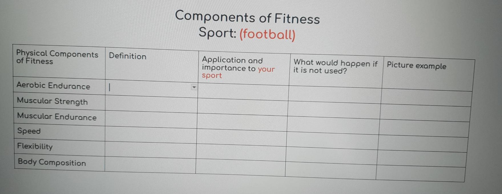 Components of Fitness 
Sport: (football)