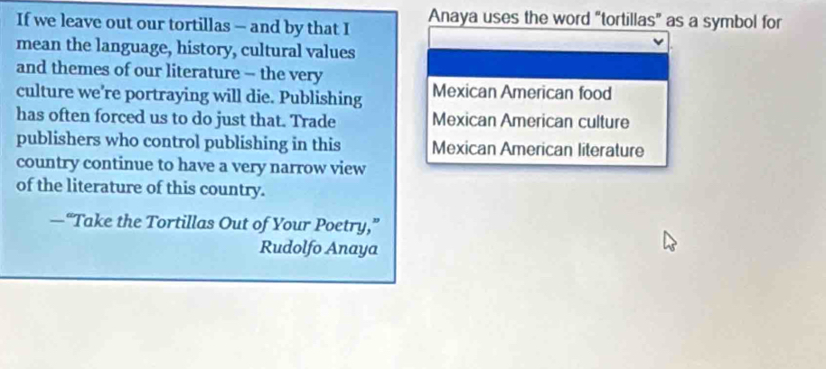 If we leave out our tortillas — and by that I Anaya uses the word “tortillas” as a symbol for 
mean the language, history, cultural values 
and themes of our literature - the very 
culture we're portraying will die. Publishing Mexican American food 
has often forced us to do just that. Trade Mexican American culture 
publishers who control publishing in this Mexican American literature 
country continue to have a very narrow view 
of the literature of this country. 
—“Take the Tortillas Out of Your Poetry,” 
Rudolfo Anaya