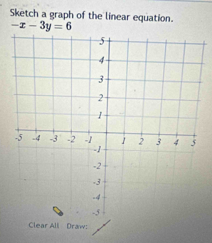 Sketch a graph of the linear equation.
-x-3y=6
Clear All Draw: