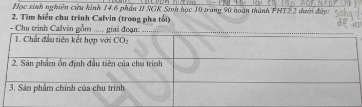 Học sinh nghiên cứu hình 14.6 phần II SGK Sinh học 10 trang 90 hoàn thành PHT2.2 dưới đây:
2. Tìm hiễu chu trình Calvin (trong pha tối)
- Chu trình Calvin gồm ..... giai đoạn: