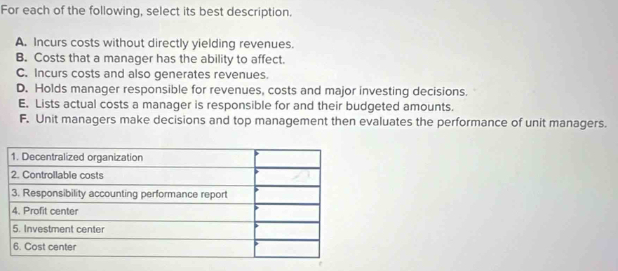 For each of the following, select its best description.
A. Incurs costs without directly yielding revenues.
B. Costs that a manager has the ability to affect.
C. Incurs costs and also generates revenues.
D. Holds manager responsible for revenues, costs and major investing decisions.
E. Lists actual costs a manager is responsible for and their budgeted amounts.
F. Unit managers make decisions and top management then evaluates the performance of unit managers.