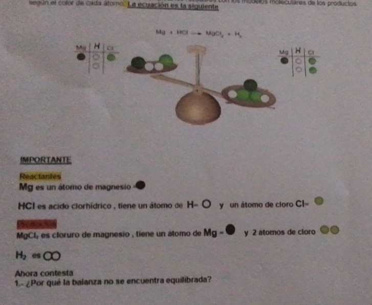 según el color de cada álomo. La ecuación es la siguiente o m o d e los molecutares de los productos
Mg+HClto MgCl_2+H_2
IMPORTANTE 
Reactantes
Mg es un átomo de magnesio 
HCI es acido clorhídrico , tíene un átomo de H=O y un átomo de cloro CI=
MgCl_1 es cloruro de magnesio , tiene un átomo de Mg=□ y 2 átomos de cloro
H_2esOO
Ahora contesta 
1 « ¿Por qué la balanza no se encuentra equilibrada?