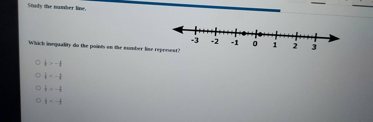 Study the number line.
_
Which inequality do the points on the number line
 1/6 >- 4/6 
 1/6 <- 4/6 
 1/5 >- 3/5 
 1/5 <- 3/5 