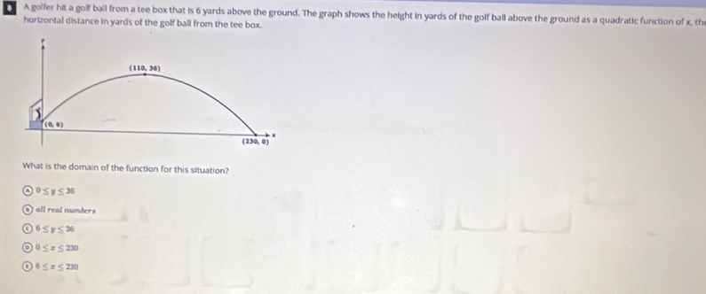 A golfer hit a golf ball from a tee box that is 6 yards above the ground. The graph shows the height in yards of the golf ball above the ground as a quadratic function of x, the
horizontal distance in yards of the golf ball from the tee box.
(110,36)
`
(0,6)
(230,0)
What is the domain of the function for this situation?
0≤ y≤ 36
aparallel real numbers
6≤ y≤ 36
0≤ x≤ 230
6≤ x≤ 230