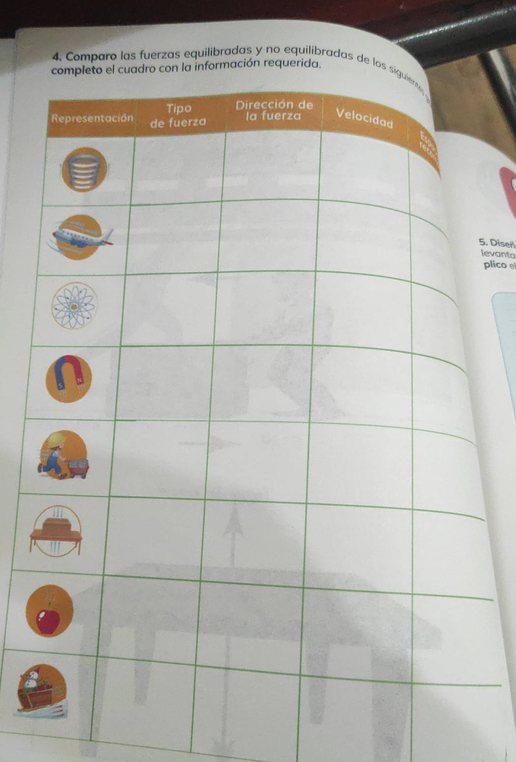 rmación requerida. 
4. Comparo las fuerzas equilibradas y no equilibradas de lo 
5. Diseñ 
levanta 
plico el