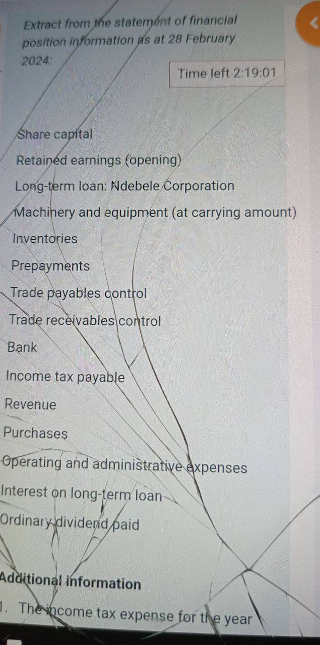 Extract from the statement of financial 
position information as at 28 February 
2024: 
Time left 2:19:01
Share capital 
Retained earnings (opening) 
Long-term loan: Ndebele Corporation 
Machinery and equipment (at carrying amount) 
Inventories 
Prepayments 
Trade payables control 
Trade receivables control 
Bạnk 
Income tax payable 
Revenue 
Purchases 
Operating and administrative expenses 
Interest on long-term loan 
Ordinary dividend paid 
Additional information 
1. The income tax expense for the year