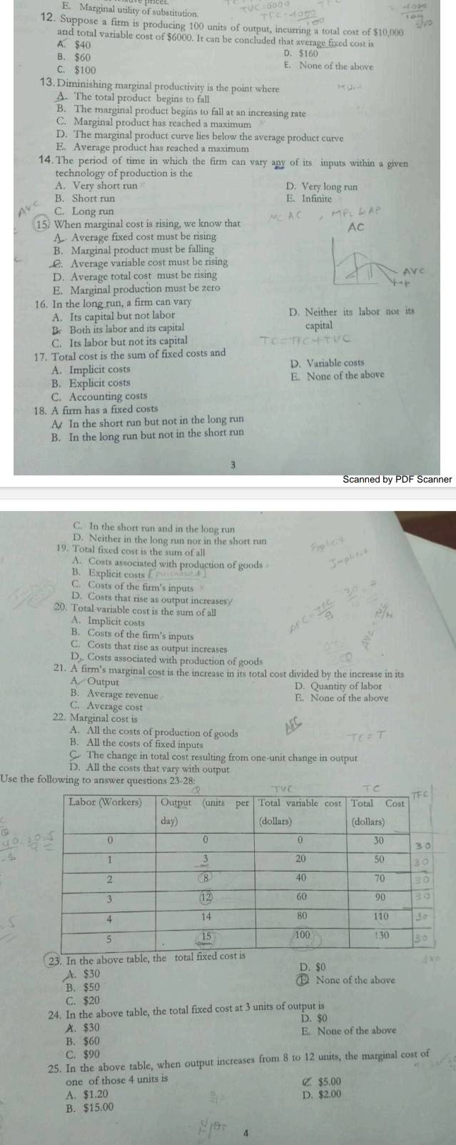Marginal utility of substitution
12. Suppose a firm is producing 100 units of output, incurring a total cost of $10,000
and total variable cost of $6000. It can be concluded that average fixed cost is
A. $40
D. $160
B. $60 E. None of the above
C. $100
13. Diminishing marginal productivity is the point where
A. The total product begins to fall
B. The marginal product begins to fall at an increasing rate
C. Marginal product has reached a maximum
D. The marginal product curve lies below the average product curve
E. Average product has reached a maximum
14.The period of time in which the firm can vary any of its inputs within a given
technology of production is the
A. Very short run D. Very long run
B. Short run E. Infinite
C. Long run
15. When marginal cost is rising, we know that
A. Average fixed cost must be rising
B. Marginal product must be falling. Average variable cost must be rising
D. Average total cost must be rising
E. Marginal production must be zero
16. In the long run, a firm can vary
A. Its capital but not labor D. Neither its labor nor its
B. Both its labor and its capital capital
C. Its labor but not its capital
17. Total cost is the sum of fixed costs and
A. Implicit costs D. Variable costs
B. Explicit costs E. None of the above
C. Accounting costs
18. A firm has a fixed costs
A In the short run but not in the long run
B. In the long run but not in the short run
3
C. In the short run and in the long run
D. Neither in the long run nor in the short run
19. Total fixed cost is the sum of all
A. Costs associated with production of goods
B. Explicit costs
C. Costs of the firm's inputs
D. Costs that rise as output increasesy
20. Total variable cost is the sum of all
A. Implicit costs
B. Costs of the firm’s inputs
C. Costs that rise as output increases
D. Costs associated with production of goods
21. A firm's marginal cost is the increase in its total cost divided by the increase in its
A Outpur D. Quantity of labor
B. Average revenue E. None of the above
C. Average cost
22. Marginal cost is
A. All the costs of production of goods
B. All the costs of fixed inputs
C The change in total cost resulting from one-unit change in output
D. All the costs that vary with output
Use the following to answer questions 23-28:
23. In the above table, the total f
A. $30 D. $0
None of the above
B. $50
C. $20
24. In the above table, the total fixed cost at 3 units of output is
D. $0
A. $30 E. None of the above
B. $60
C. $90
25. In the above table, when output increases from 8 to 12 units, the marginal cost of
one of those 4 units is C $5.00
A. $1.20 D. $2.00
B. $15.00