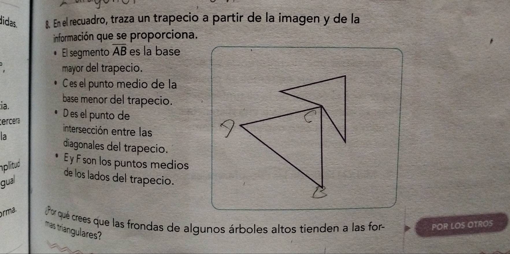 didas. 8. En el recuadro, traza un trapecio a partir de la imagen y de la 
información que se proporciona. 
El segmento overline AB es la base 
mayor del trapecio. 
C es el punto medio de la 
:ia. 
base menor del trapecio. 
tercera 
D es el punto de 
intersección entre las 
la 
diagonales del trapecio. 
plitud
E y F son los puntos medios 
gual 
de los lados del trapecio. 
rma. Por qué crees que las frondas de algunos árboles altos tienden a las for- POR LOS OTROS 
mas triangulares?