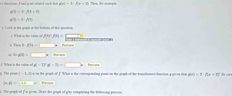 wo functions f and gare related such that g(x)=2· f(x+2) Then, for example
g(3)=2· f(3+2)
g(3)=2· f(5)
e. Look at the graph at the bottom of this question 
i. What is the value of f(5)?f(5)=□ f
Entor à mat 
i Then2· f(5)=□ * Preview 
m Sog(3)=□ * Preview 
f. What is the value of g(-7)?g(-7)=□ * Preview 
g. The point (-1,1) is on the graph of f. What is the corresponding point on the graph of the transformed function g given that g(x)=2· f(x+2) ? Be car
(x,y)=(-3.2) Preview 
h. The graph of f is given. Draw the graph of g by completing the following process.