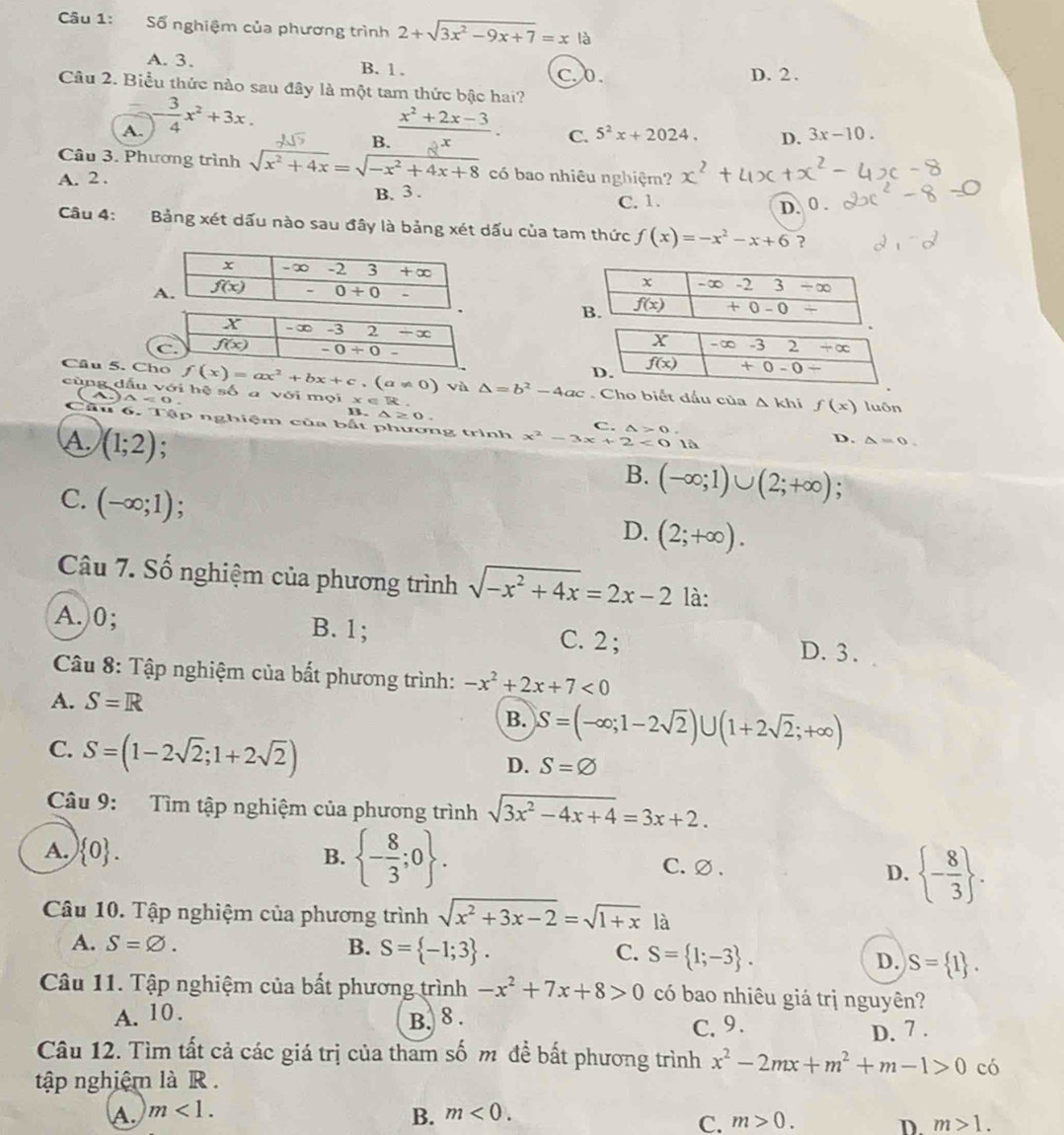 Số nghiệm của phương trình 2+sqrt(3x^2-9x+7)=x là
A. 3. B. 1 . c b D. 2.
Câu 2. Biểu thức nào sau đây là một tam thức bậc hai?
A. - 3/4 x^2+3x.
B.  (x^2+2x-3)/x .
C. 5^2x+2024. D. 3x-10.
Câu 3. Phương trình sqrt(x^2+4x)=sqrt(-x^2+4x+8) có bao nhiêu nghiệm?
A. 2 .
B. 3 . C. 1.
D. 0 .
Câu 4: Bảng xét dấu nào sau đây là bảng xét dấu của tam thức f(x)=-x^2-x+6 ?
 
Câu 5. C f(x)=ax^2+bx+c,(a!= 0) và △ =b^2-4ac Cho biết đấu của △ kh f(x)
cùng dấu với hệ số a với mọi :cR luôn
B. △ >0
C.
Cầu 6. Tập nghiệm của bất phương trình x^2-3x+2<0</tex> △ >0 là
A. (1;2) :
D. △ =0.
B. (-∈fty ;1)∪ (2;+∈fty ) :
C. (-∈fty ;1) :
D. (2;+∈fty ).
Câu 7. Số nghiệm của phương trình sqrt(-x^2+4x)=2x-2 là:
A.0; B. 1; C. 2 ; D. 3.
Câu 8: Tập nghiệm của bất phương trình: -x^2+2x+7<0</tex>
A. S=R
B. S=(-∈fty ;1-2sqrt(2))∪ (1+2sqrt(2);+∈fty )
C. S=(1-2sqrt(2);1+2sqrt(2))
D. S=varnothing
Câu 9: Tìm tập nghiệm của phương trình sqrt(3x^2-4x+4)=3x+2.
A.  0 . B.  - 8/3 ;0 . C. ∅ . D.  - 8/3  .
Câu 10. Tập nghiệm của phương trình sqrt(x^2+3x-2)=sqrt(1+x) là
A. S=varnothing . B. S= -1;3 . D. S= 1 .
C. S= 1;-3 .
Câu 11. Tập nghiệm của bất phương trình -x^2+7x+8>0 có bao nhiêu giá trị nguyên?
A. 10 . B. 8 .
C.9. D. 7 .
Câu 12. Tìm tất cả các giá trị của tham số m đề bất phương trình x^2-2mx+m^2+m-1>0 có
tập nghiệm là R .
A. m<1. m<0.
B.
C. m>0. m>1.
D