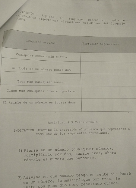 INDICACIÓN: 
Expresa en lenguaje matemático mediante 
común。 exPresiones algebraicas situaciones cotidíanas del lenquaje 
E 
Actividad # 3 Transfórmalo 
INDICACIÓN: Escribe la expresión algebraica que represente a 
cada uno de los siguientes enunciados. 
1) Piensa en un número (cualquier número), 
multiplicalo por dos, súmale tres, ahora 
réstale el número que pensaste. 
2) Adivina en qué número tengo en mente si: Pensé 
en un número, lo multiplique por tres, le 
reste dos y me dio como resultado quince.