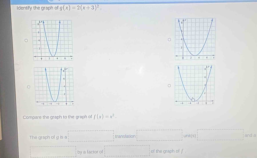 Identify the graph of g(x)=2(x+3)^2. 

Compare the graph to the graph of f(x)=x^2. 
_  
The graph of g is a □ translation □ unit(s) □ and a 
□ by a factor of □ of the graph of f.