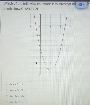 Which of the following equations is in intercept for e
graph shown? (AlI.FF.2)
f(x)=x(x+5)
f(x)=x(x-5)
f(x)=(x+5)(x-1)
f(x)=(x-5)(x+1)